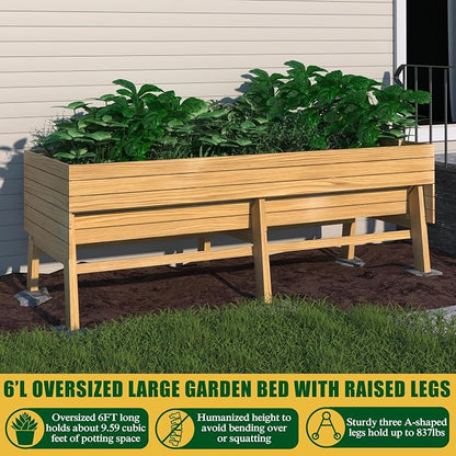 Yardenaler 6 x 3 x 2FT Raised Garden Bed with Legs, Large Outdoor Elevated Wood Planted Box with Liner for Vegetable Flower, Backyard and Patio, Natural