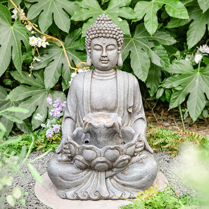 Glitzhome Buddha Fountain Outdoor with Pump & LED Light 23.25" H, 2-Tier Zen Style Concrete Meditating Buddha Statues Water Fountains Floor Fountains Buddhas Sculpture for Garden Patio Backyard