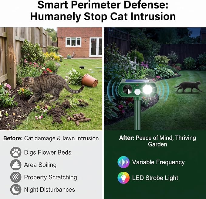4Pack Ultrasonic Deer Repellent for Plants Solar Animal Repellent Outdoor with Motion Sensor Strobe Light for Rabbit Cat Deterrent Raccoon Squirrel Fortress Pro Keep Pests Out of Yard Farm