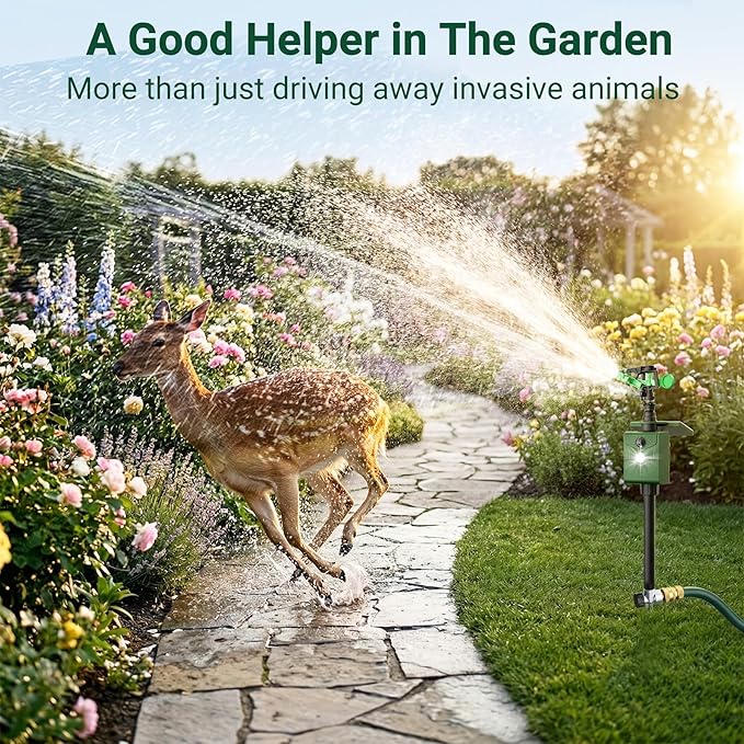 2 Packs Motion Activated Animal Repeller with Water Sprinkler, Deer Repellent Devices Solar Powered, IP65 Waterproof Deer Repellent with Flashing Light, Deter Cats Dogs Skunks Raccoons from Garden