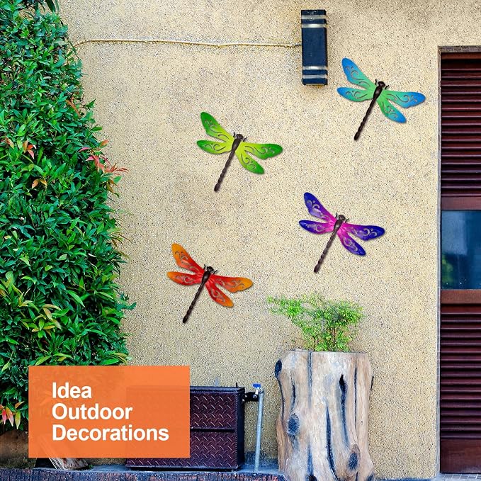 Metal Dragonfly Wall Decor, 4 Pcs Metal Dragonflies Wall Art Hanging Sculptures Decorations for Outdoor Fence Garden Yard Patio Exterior Decor