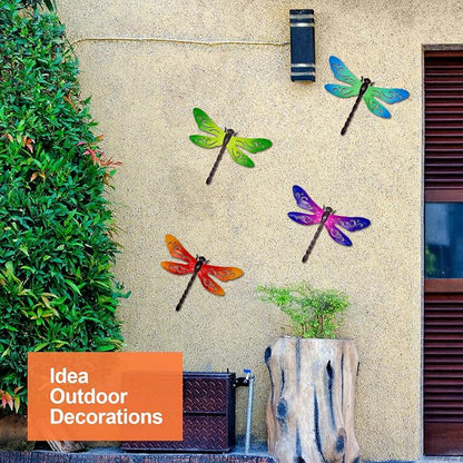 Metal Dragonfly Wall Decor, 4 Pcs Metal Dragonflies Wall Art Hanging Sculptures Decorations for Outdoor Fence Garden Yard Patio Exterior Decor