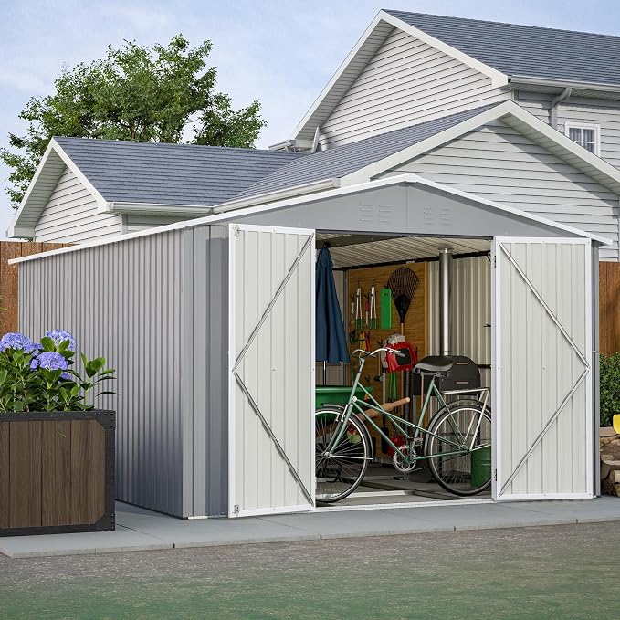 YOPTO 12X10 FT Metal Outdoor Storage Shed W/Floor & Lockable Door,Gray | Galvanized Steel Garden Shed W/ 4 Air Vents,Sloped Roof,Reinforced Structure,All Weather Waterproof for Patio,Backyard,Lawn
