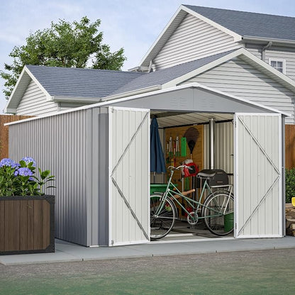 YOPTO 12X10 FT Metal Outdoor Storage Shed W/Floor & Lockable Door,Gray | Galvanized Steel Garden Shed W/ 4 Air Vents,Sloped Roof,Reinforced Structure,All Weather Waterproof for Patio,Backyard,Lawn