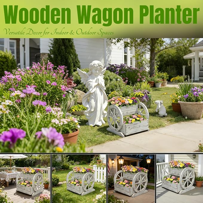 NestNature Wooden Wagon Planter Box|Raised Garden Bed W/Wheels for Plants | 2 Tier Classic Rustic Flower Pot Use Indoor&Outdoor Decor On Patio,Porch,Garden-Outdoor Planter For Flowers,Herbs,Vegetables