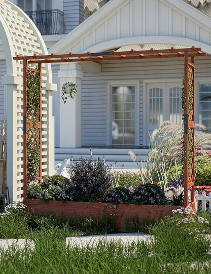 Garvee Raised Garden Bed with Trellis & Hanging Roof, Wood Planter Box with Bottom and Drainage Holes, Freestanding Garden Planter for Flower Vegetable Fruit Herb Climbing Vines, 77“x17“x72“