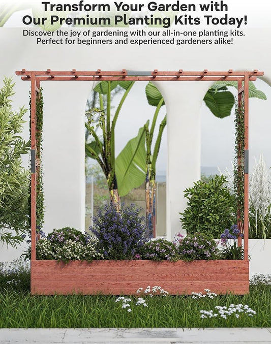 Garvee Raised Garden Bed with Trellis & Hanging Roof, Wood Planter Box with Bottom and Drainage Holes, Freestanding Garden Planter for Flower Vegetable Fruit Herb Climbing Vines, 77“x17“x72“