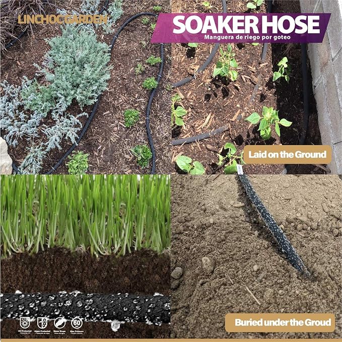 LICNCHOC GARDEN Soaker Hose 150ft,1/2 INCH Flexible Durable Garden Hose for Efficient Watering, Leak-Proof Design 100% Recycled Rubber,Ideal for Lawns,Gardens & Flower Beds