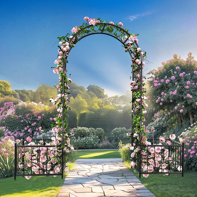 76" W x 86" H Black Metal Garden Arbor with Planter Boxes | Wedding Archway for Climbing Plants and Outdoor Ceremonies, Ideal for Lawn, Patio, Garden, or Backyard Decor