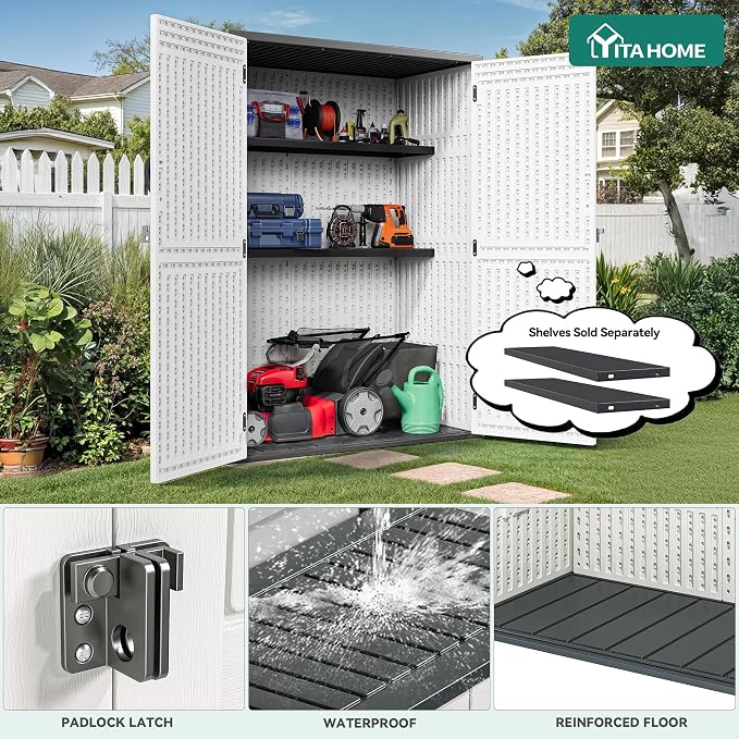 YITAHOME 59 Cuft Outdoor Tall Storage Shed, Waterproof Vertical Resin Shed for Garden, Garage, Patio, Lockable Tool Storage, No Shelves Included, Light Gray