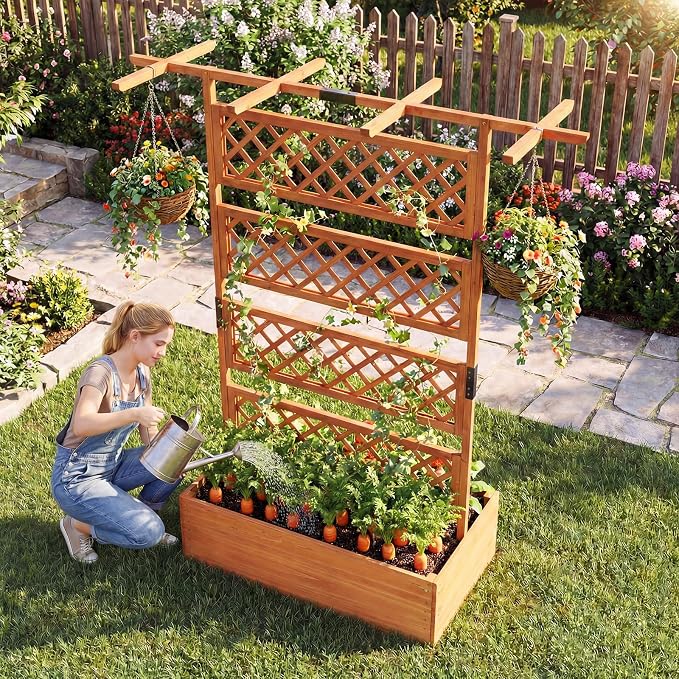 Giantex Raised Garden Bed with Trellis 2 Pack, 72'' Wooden Planter Box Outdoor w/Privacy Screen Roof, Large Vertical Garden Planter w/Drainage Holes for Climbing Plants, Patio Balcony Backyard