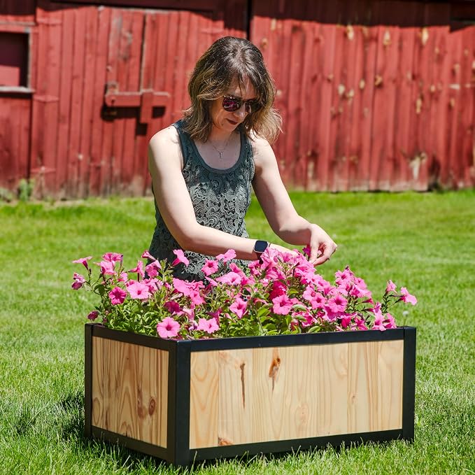 Sunnydaze Steel-Framed Acacia Wood Rectangular Planter Box - 15.5" H Wooden Raised Garden Bed with Removable Planter Bag - Natural