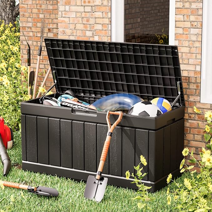 Greesum 82 Gallon and 31 Gallon Resin Deck Boxes Large Outdoor Storage Bundle for Patio Furniture, Garden Tools, and Pool Supplies