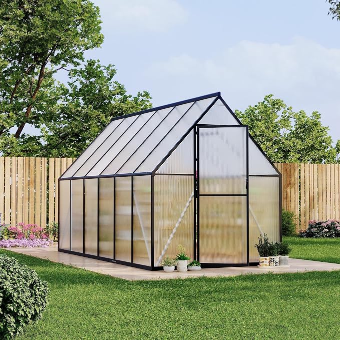 CABIHOME 8x12 FT Outdoor Greenhouse, Polycarbonate Greenhouse with Roof Vent and Ground Nails, Aluminum Large Walk-in Green House w/ Lockable Push Door for Outdoor Garden (Black, 6x11 FT)