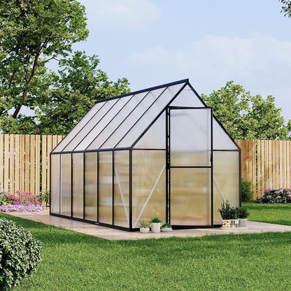 CABIHOME 8x12 FT Outdoor Greenhouse, Polycarbonate Greenhouse with Roof Vent and Ground Nails, Aluminum Large Walk-in Green House w/ Lockable Push Door for Outdoor Garden (Black, 6x11 FT)