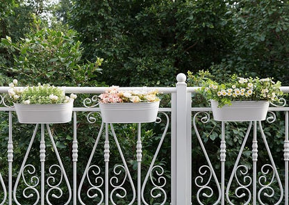 Dahey 3 Pcs Metal Iron Hanging Flower Pots for Railing Fence 15.7 Inch Hanging Bucket Pots Countryside Style Window Flower Plant Holder with Detachable Hooks for Garden Yard Home Decor, White