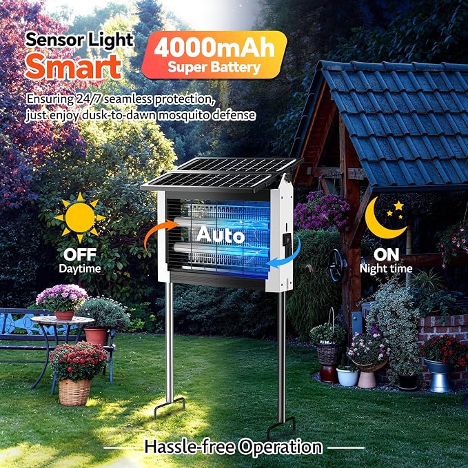 Solar Bug Zapper Outdoor, Dual Solar Panels, 4500V Waterproof Portable Mosquito Zappers, Cordless Fly Trap w/Auto Mode, Rechargeable Mosquitoes Insect Killer for Patio Yard Camping Garage(White)