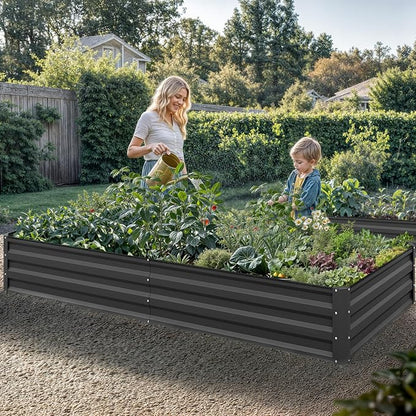 YITAHOME 96x48x12 in 2pcs Galvanized Raised Garden Bed Kit, Large Metal Planter Box with Gloves, Safety Rubber & Support Rod, Outdoor Flower Bed for Plants Vegetables, Black