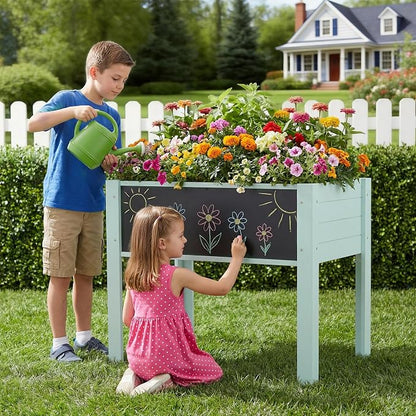 Raised Garden Bed with DIY Chalkboard, 30 x 24 x 18 Inch Wooden Elevated Raised Garden Bed, Outdoor Planter Box with Legs for Vegetables Grass Lawn Yard, Green