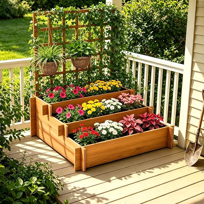 43" 3-Tier Fir Wood Raised Garden Bed Planter with Trellis | Fir wood tiered planter with trellis, liners, and 3 growing beds for flowers, herbs, veggies, vines, patio, or yard