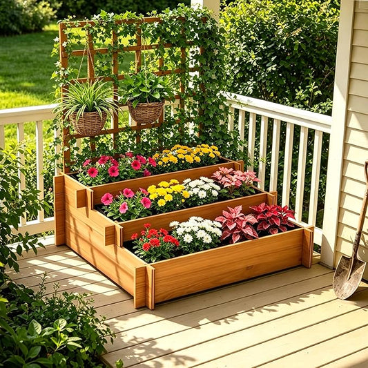 43" 3-Tier Fir Wood Raised Garden Bed Planter with Trellis | Fir wood tiered planter with trellis, liners, and 3 growing beds for flowers, herbs, veggies, vines, patio, or yard