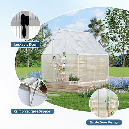 CABIHOME 8x12 FT Outdoor Greenhouse, Polycarbonate Greenhouse with Roof Vent and Ground Nails, Aluminum Large Walk-in Green House w/ Lockable Push Door for Outdoor Garden (Silver, 6x7 FT)