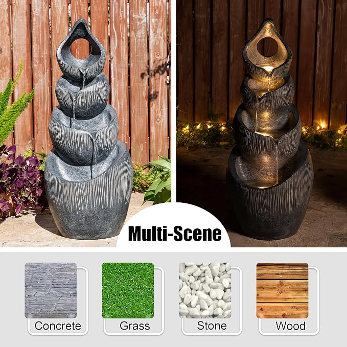 Glitzhome Outdoor Fountain with Lights & Pump, 34" H 4-Tiered Cascading Zen-Style Water Fountain Outdoor, Alms Bowl Polyresin Waterfall Water Feature for Garden, Patio, Yard, Deck Decor