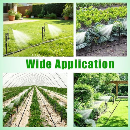 15 Sets 360° Adjustable Irrigation Misting Heads with Stake Micro Spray Emitters with 1/4" Irrigation Tubing on Riser Stake,Automatic Atomizing Sprinkler Stake Assembly for Garden Watering System