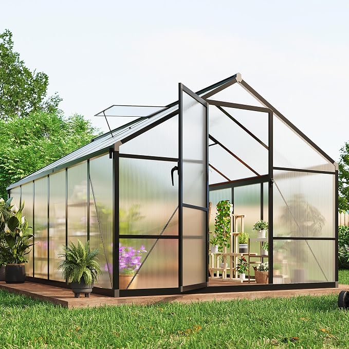 Garvee 8 x 12 FT Greenhouse, Greenhouses for Outside, Polycarbonate Greenhouse with Aluminum Frame, Lockable Door and Ajustable Roof Vent for Backyard, Green Houses for Outside Garden Backyard, Patio