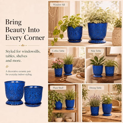 Gepege 6 Inch Beaded Ceramic Planter Set of 2 with Drainage Hole and Saucer for Plants, Indoor-Outdoor Large Round Succulent Orchid Flower Pot (Blue, for Inner-pots not Larger Than 5 Inch)