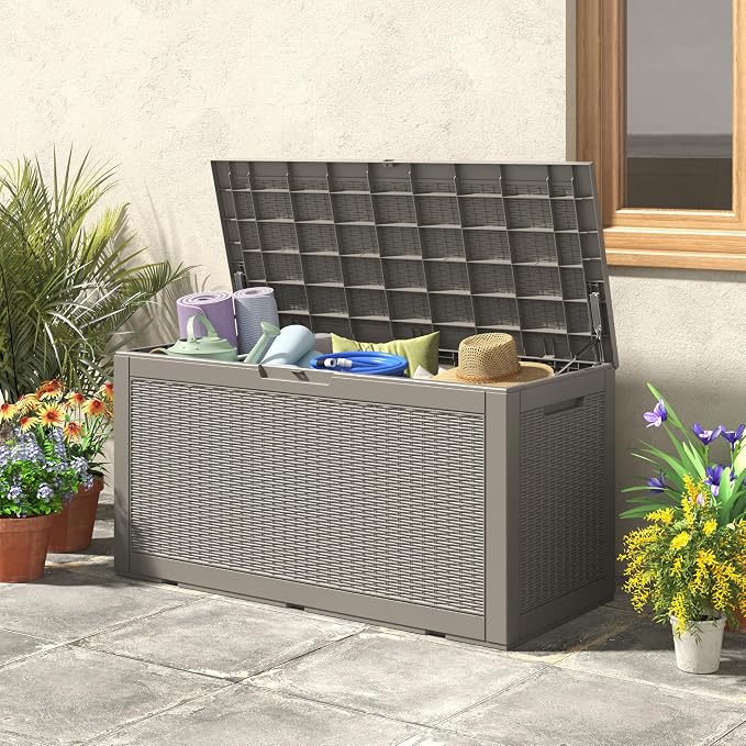 NUNU LAB 100 Gallon Large Waterproof Resin Deck Box, Lockable Outdoor Storage Box with Gas Lift, Patio Cushions, Garden Tools, Pool Supplies, Indoor Outdoor Storage Container, Grey