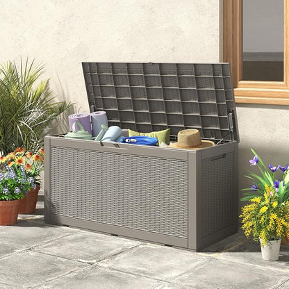 NUNU LAB 100 Gallon Large Waterproof Resin Deck Box, Lockable Outdoor Storage Box with Gas Lift, Patio Cushions, Garden Tools, Pool Supplies, Indoor Outdoor Storage Container, Grey