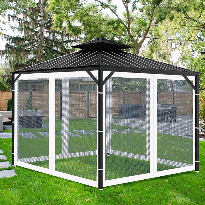Gazebo Universal Replacement Mosquito Netting, Outdoor Mesh Netting Screen 4-Panel Sidewall with Zipper for Patio, Canopy, Garden and Backyard, Gray(Mosquito Net Only) (White, 10' x 12')