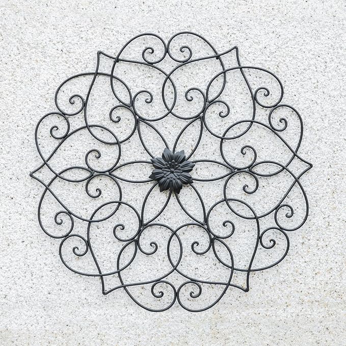 Glitzhome Black Metal Wall Art Decor, 23”H Floral Iron Wall Decor with Ornamental Scroll Design, Indoor Outdoor Wall Accent for Garden Porch Patio