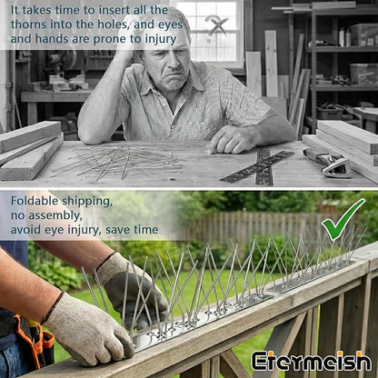 Stainless Steel Bird Spikes for Pigeons,Pre-Assembled,Anti Bird Deterrent Spikes for Woodpeckers, Squirrels, Raccoons，Weatherproof Fence Spikes for Roof, Railing,Patio, 9.84 Feet