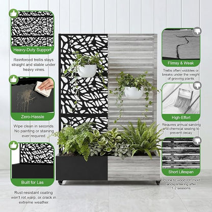 Casaphoria Metal Raised Garden Bed with Trellis and Wheels, 72"x47"x16" Planter Box for Climbing Plants, Vegetables & Vines, Features Drainage Holes and Privacy Screen (Black-Net)