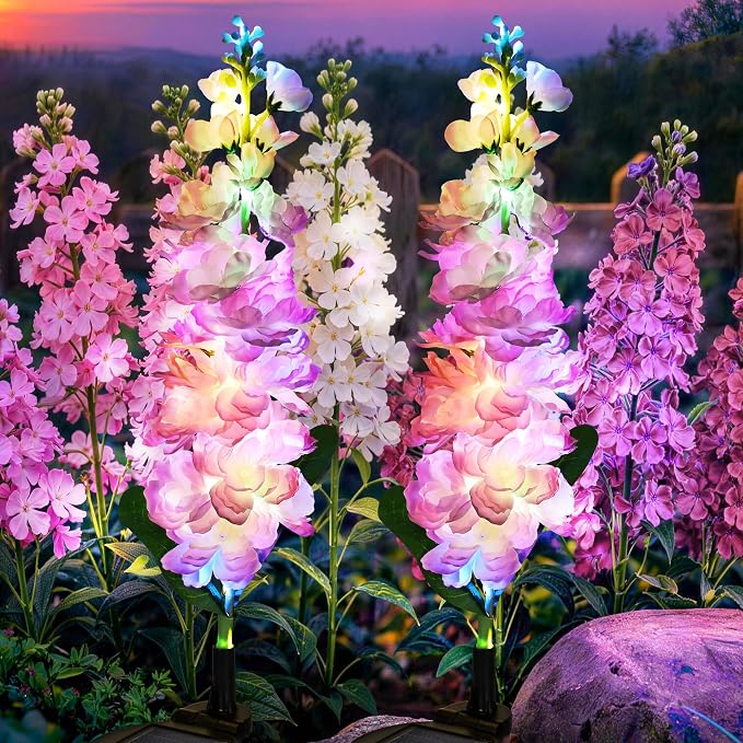 GIGALUMI Solar Lights Outdoor for Garden Decor, 2 Pack Solar Flower Lights Waterproof, 2 Lighting Modes Delphinium for Pathway,Yard, Patio, 4th of July Decoration, Gifts for Women (Pink)