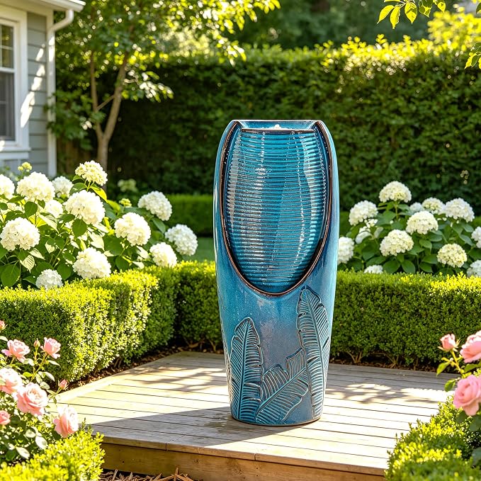 Autodaya 33" H Ceramic Jar Outdoor Water Fountain, Banana Leaf-Texture | Artisan High-Fired Glaze, Warm Ambient LED Lighting, Upgraded Pump, Soothing Cascading Water Feature For Garden Patio Yard