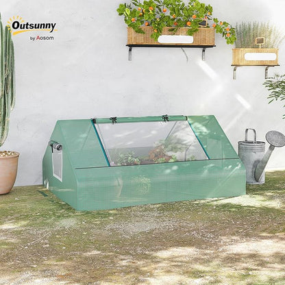 Outsunny 71" x 55" x 32" Mini Greenhouse, Small Green House, Garden Planting Shed, Outdoor Flower Planter Warm House with Zipper Windows, Green