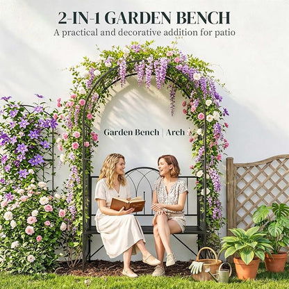 Outsunny Metal Trellis Arbor Arch for Climbing Plants with Garden Bench, Grow Grapes & Vines, Patio Decor & 2-Person Outdoor Steel Decorative Seating, 484 lbs. Weight Capacity, Black