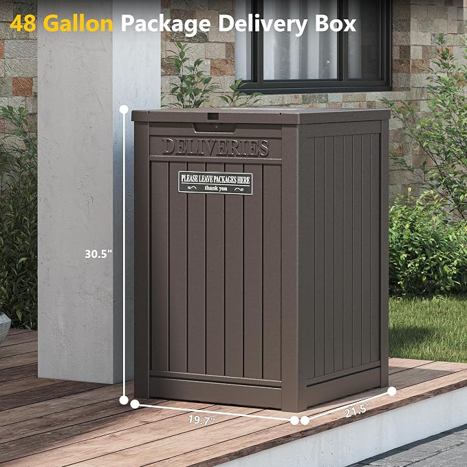 LHBGO Package Delivery Box for Outside with Sticker, 48 Gallon Storage with Lockable Secure, Large Double Wall Resin Outdoor Package Delivery Waterproof Deck