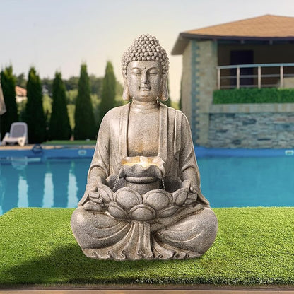Glitzhome Buddha Outdoor Water Fountain with Lights and Pump, 28.25" H Zen Style Outdoor Fountain Concrete Meditating Buddha Statue Polyresin Garden Fountain Waterfall for Patio, Porch, or Yard Decor