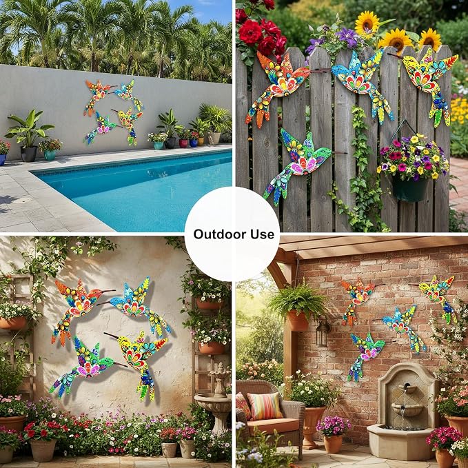 Cruis Cuka Outdoor Metal Wall Art Garden Decor for Outside Colorful Hummingbird Fence Art - (Set of 4,ColorFFX)