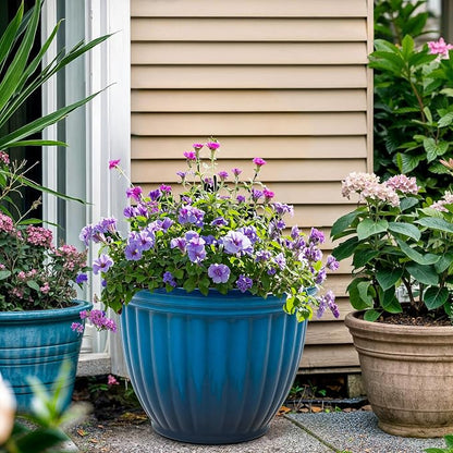 2-Pack 15" Gradient Blue Plastic Outdoor Flower Pots with 3D Texture | Set of 2 PP planters with faux ceramic look, 3D texture, drainage plugs, and UV-treated finish for patio or porch