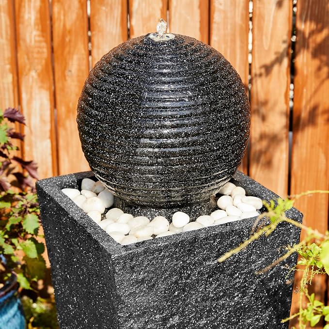 Glitzhome Outdoor Water Fountain with LED Light, Oversized Decorative Black Pedestal Water Fountains with Submersible Pump, Modern Sphere Floor Fountain with Pebbles for Garden Patio Decor, 40.25" H
