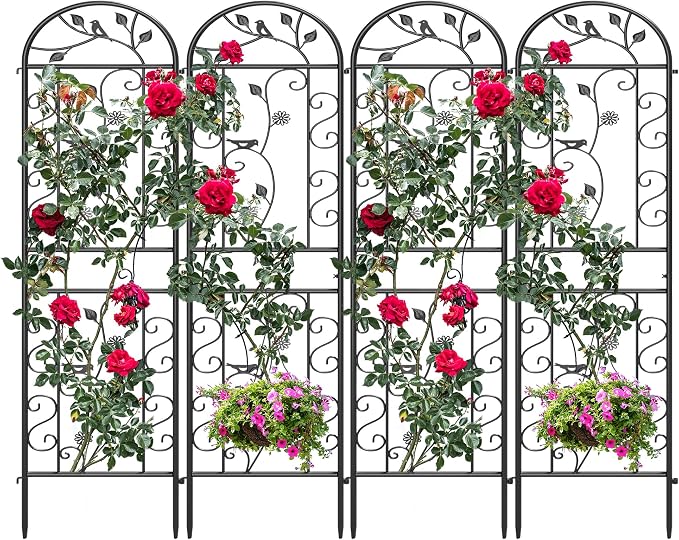 4-Pack 87" x 20" Bird and Daisy Arch Black Metal Garden Trellises | Set of 4 rust-resistant trellises with bird, daisy, leaf, and scrollwork details, spikes, and support for roses or vines