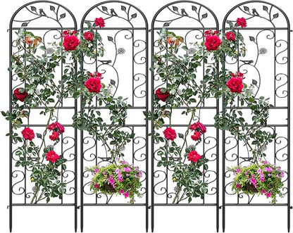 4-Pack 87" x 20" Bird and Daisy Arch Black Metal Garden Trellises | Set of 4 rust-resistant trellises with bird, daisy, leaf, and scrollwork details, spikes, and support for roses or vines
