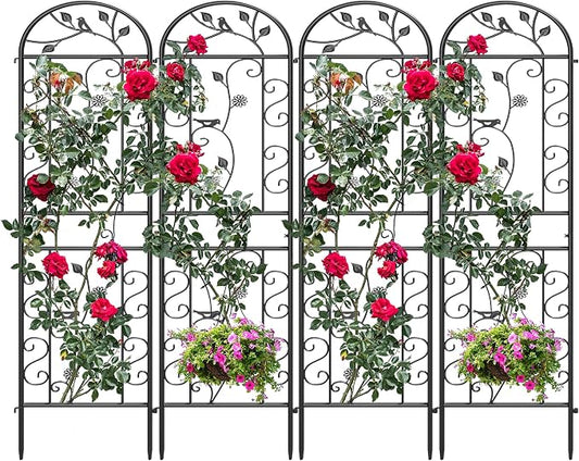 4-Pack 87" x 20" Bird and Daisy Arch Black Metal Garden Trellises | Set of 4 rust-resistant trellises with bird, daisy, leaf, and scrollwork details, spikes, and support for roses or vines