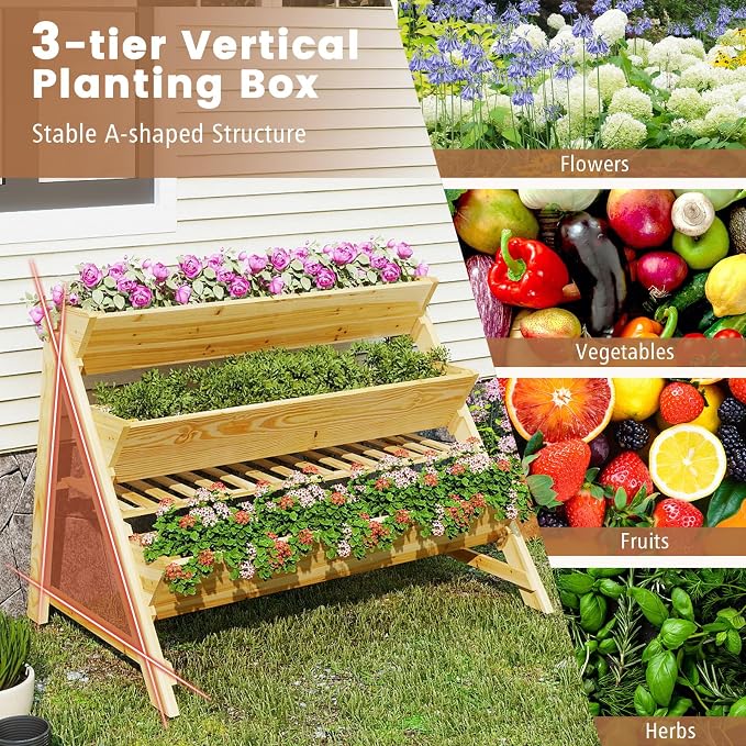 3-Tier Raised Garden Bed, Elevated Gardening Bed with Storage Shelf, Bed Liner, Garden Planter for Flowers, Vegetables, Herbs, Pine Wood Planter Box for Patio, Balcony, Porch