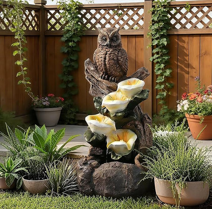 28" Outdoor Water Fountain with Led Lights, 4-Tiered Owl & Calla Lil Water Fountain, Outdoor Garden Waterfall Decor for Garden, Patio, Courtyard